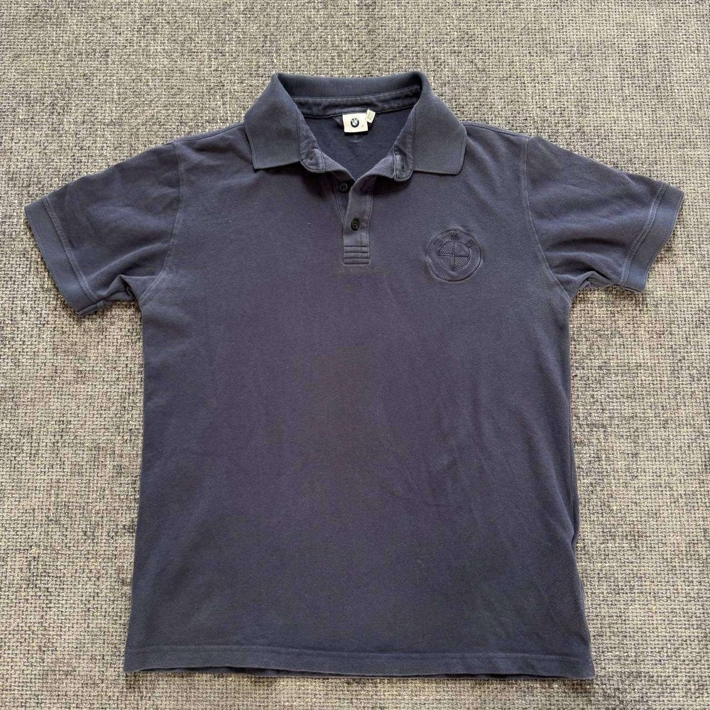 BMW Polo Shirt Mens Large Navy Blue Short Sleeve Embossed Logo Pique Cotton‎